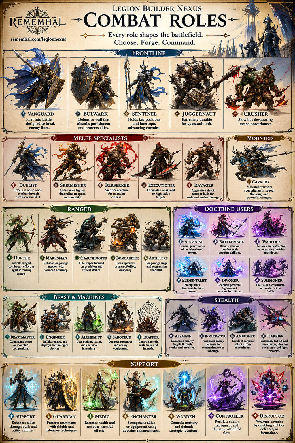 Full reference chart of every Legion Builder Nexus combat role